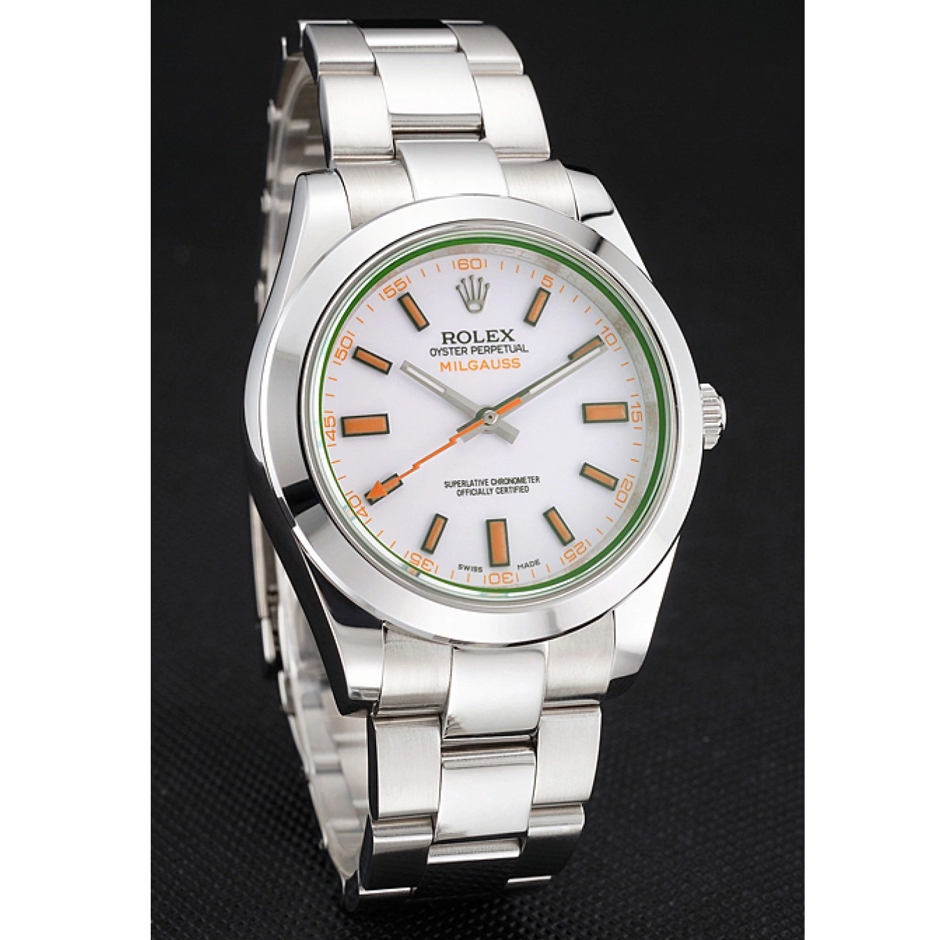 Aaa replica Stainless Case Milgauss White Markings And Orange Steel Bracelet Rolex Swiss Dial 0730
